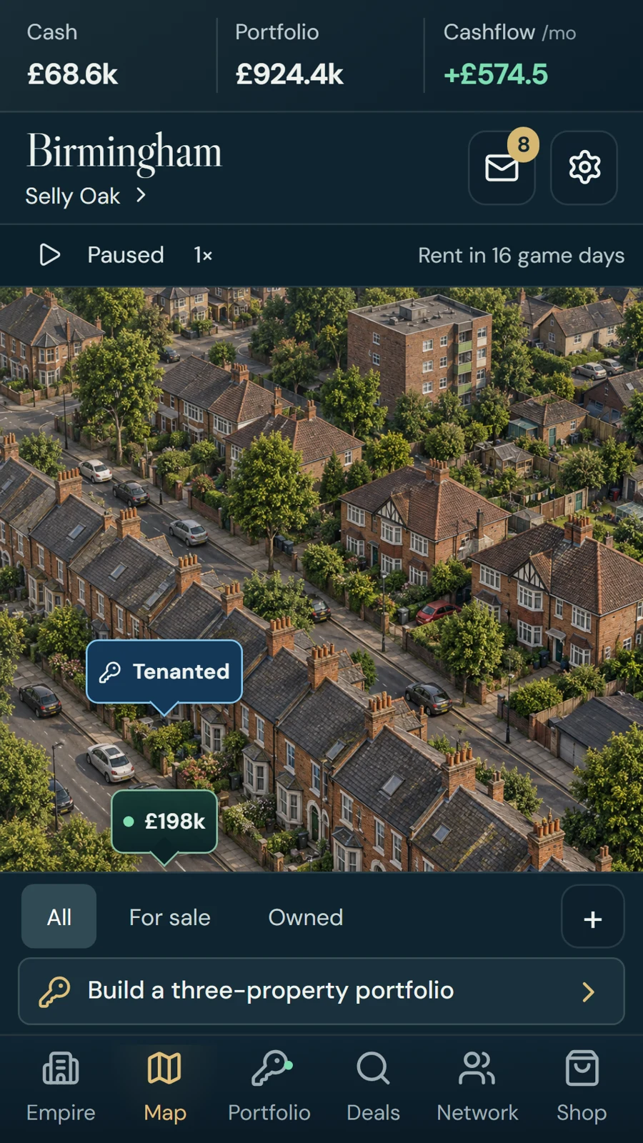 Actual gameplay: Birmingham neighbourhood map with owned and available properties