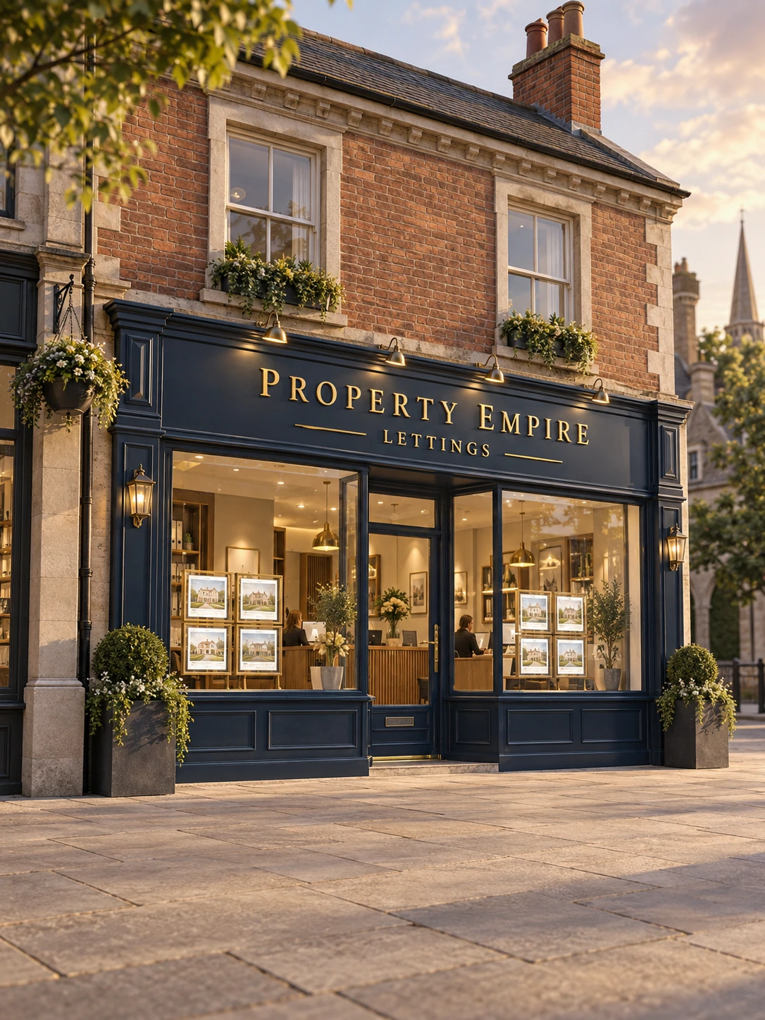Illustration of a premium Property Empire lettings agency, with navy and gold frontage and a warmly lit modern interior